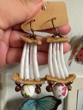 Indigenous-Made Handcrafted Dentalium Bead and Floral Drop Earrings - Boho Chic